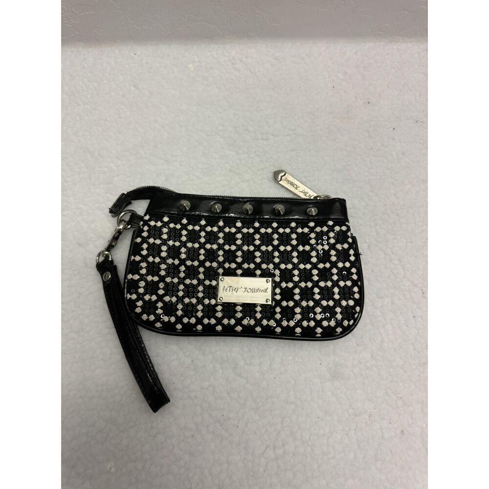Betsey Johnson Black Silver Floral Sequin Stud Zipper Clutch Wristlet Womens